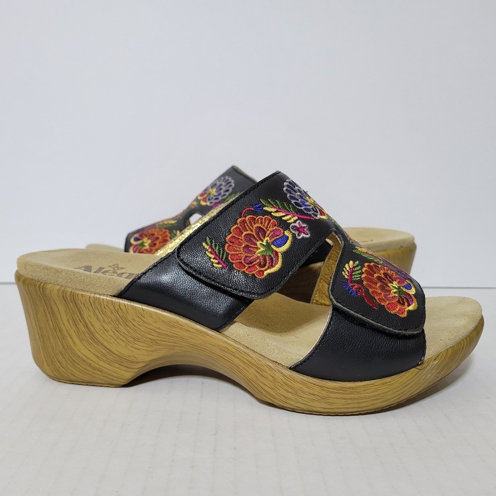 Alegria Linn Boho Wedge Black Embroidered Floral Sandal Slide Womens 39 US 9